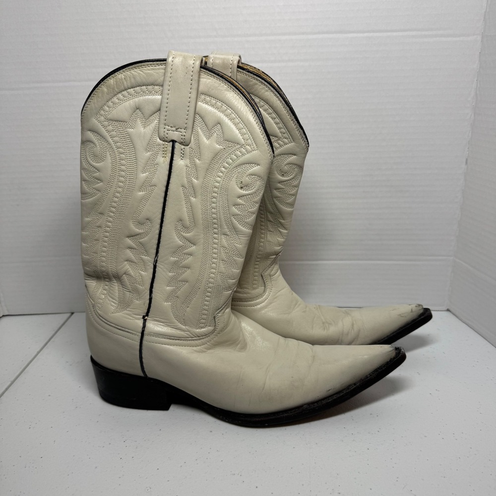 Vintage White‎ Leather Western Black Bull Cowboy Boots Size 6.5 Cowgirl Women